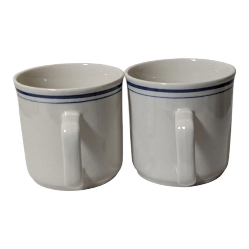 Stoneware - Pair of Mugs - Made in China - Cream Color/Cobalt Blue Trim - 8 oz